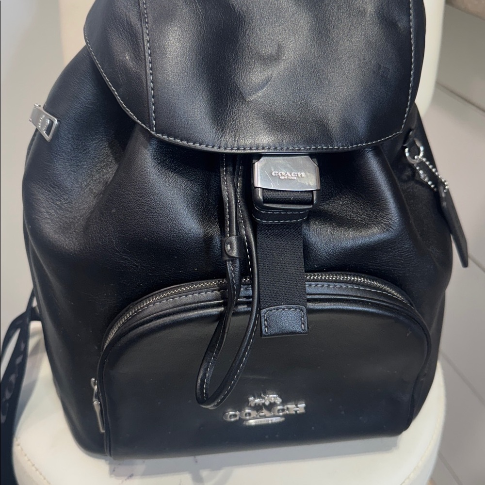 Coach Black Leather Drawstring Backpack with Front Zip Pocket
